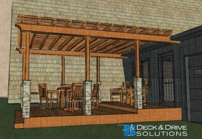 3D Front deck design showing stone columns and pergola