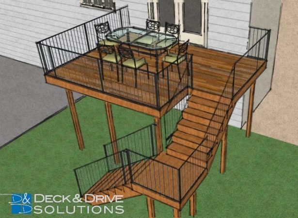 3D Deck schematic concept showing furniture and deck stairs