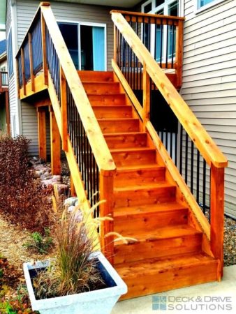 New Cedar Stairs and Cedar Post Rail and Deckorator metal spindles