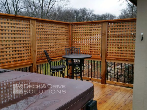 privacy cedar lattice on a cedar deck near a hot tub for privacy