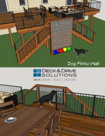 3D Schematic of Dog playing with Custom Plinko Wall on deck, through railing and fall down