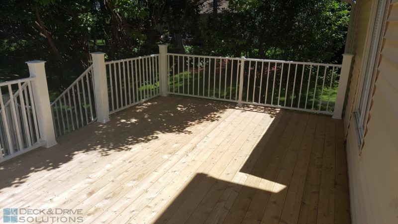 cedar deck with westbury metal white railing
