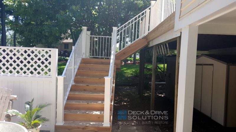 New Cedar Deck Stairs with White Metal railing