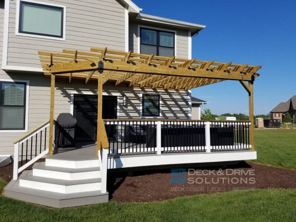 Treated Pergola over painted gray deck with white trim