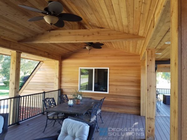 Covered Porch with Cedar Wall and Cedar Ceiling, Furnished with Patio Table and Chairs