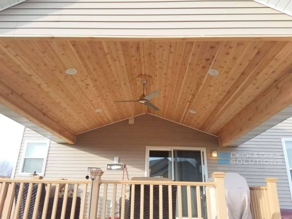 Cedar Ceiling under covered porch with ceiling fan