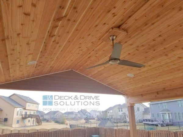 Cedar Ceiling under covered porch with ceiling fan