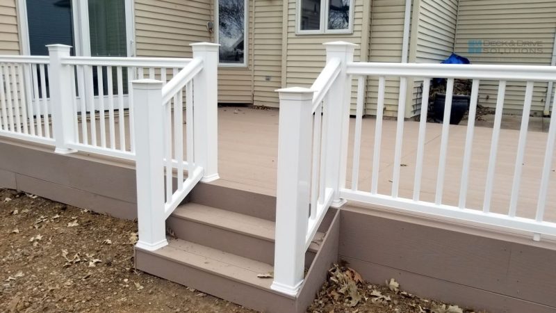 white deck railing on composite deck stairs