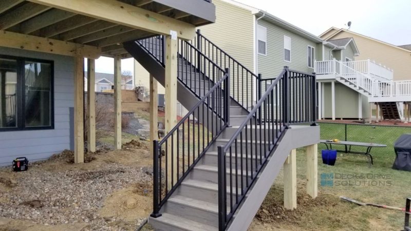 Timbertech Terrain Silver Maple on Black metal railing, Deck stairs with center landing