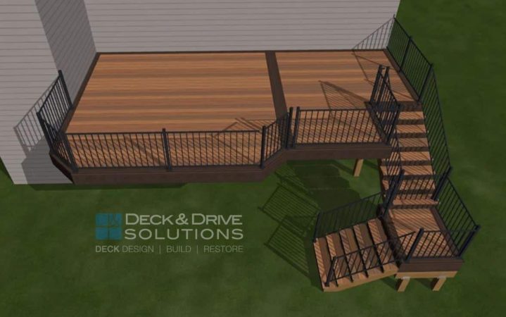 Deck design in 3 Dimensional drawing showing the deck and stairs layout
