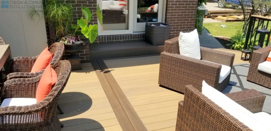 double accent board on composite deck, tigerwood and mocha