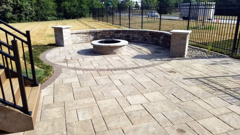 Stone Fire Pit with Sitting Wall, Stone Wall, Landscaping