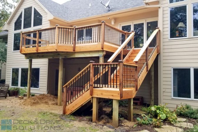 Cedar Deck with Stairs and landing on Beige House