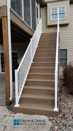 Timbertech Tigerwood deck stairs with white railing