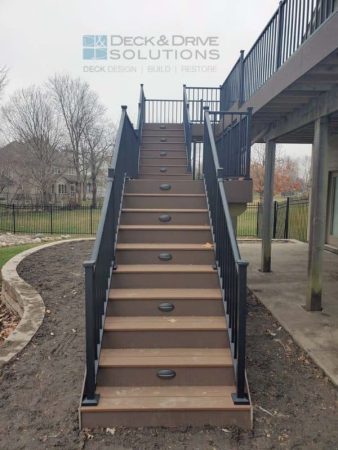 deck stairs with center landing and Timbertech Deck Lights