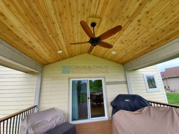 cedar ceiling above deck with outdoor ceiling fan