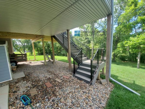 Under Deck Ceiling with Aluminum Soffit Ceiling, deck stairs end under sunroom