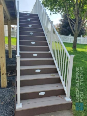 Deck stairs, Rustic elm risers, Sandy birch stair treads, timbertech riser lights white, westbury railing white