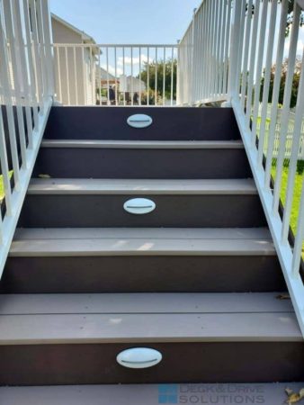 Deck stairs, Rustic elm risers, Sandy birch stair treads, timbertech riser lights white, westbury railing white