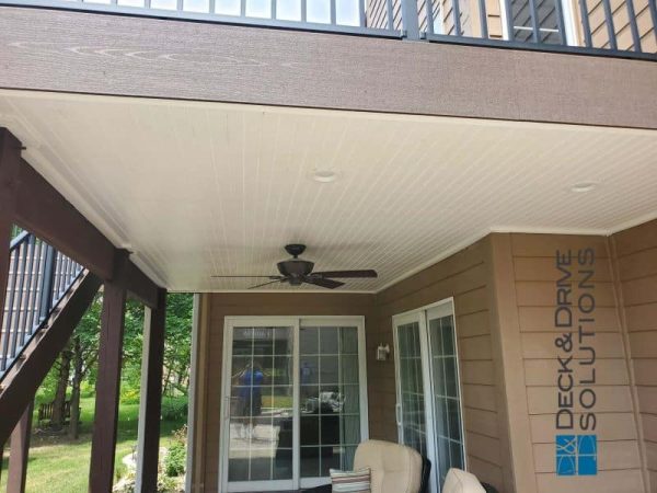 Azek PVC Ceiling with Ceiling Fan and lights under a new composite deck
