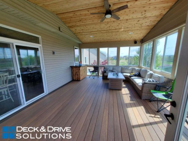 Covered Deck with Windows and Cedar Carsiding