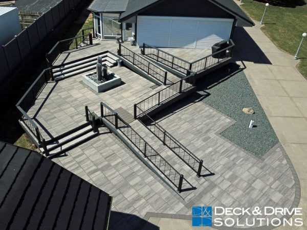 stone on wood deck with ramp and fountain
