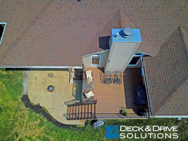 overhead view of new deck and stamped patio