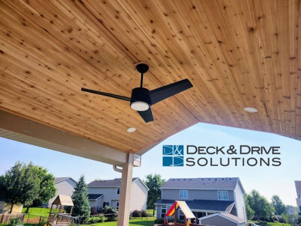 Cedar ceiling under covered deck roof with open gable, ceiling fan and 4 can LED lights