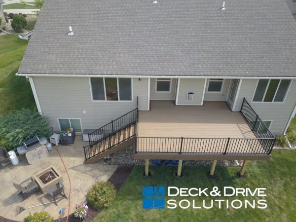 drone picture of overhead backyard deck and patio