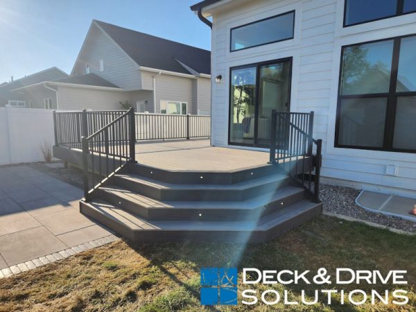 3-sided corner deck stairs, timbertech composite, stair lights
