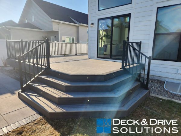 3-sided corner deck stairs, timbertech composite, stair lights