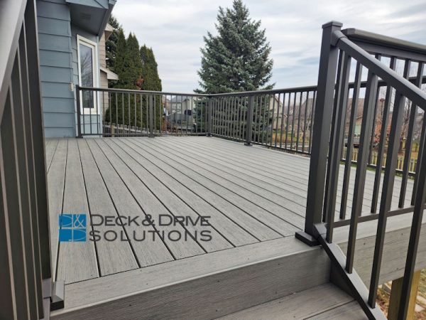 Gray Composite Timbertech Driftwood and black railing