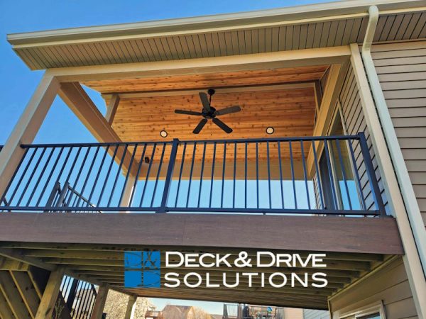 Covered Deck with Open Gable and Cedar ceiling. deck is Timbertech composite decking and metal railing