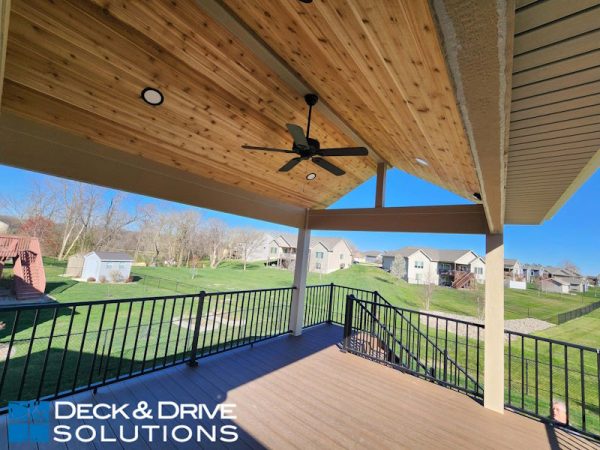 Covered Deck with Open Gable and Cedar ceiling inside view on the new composite deck